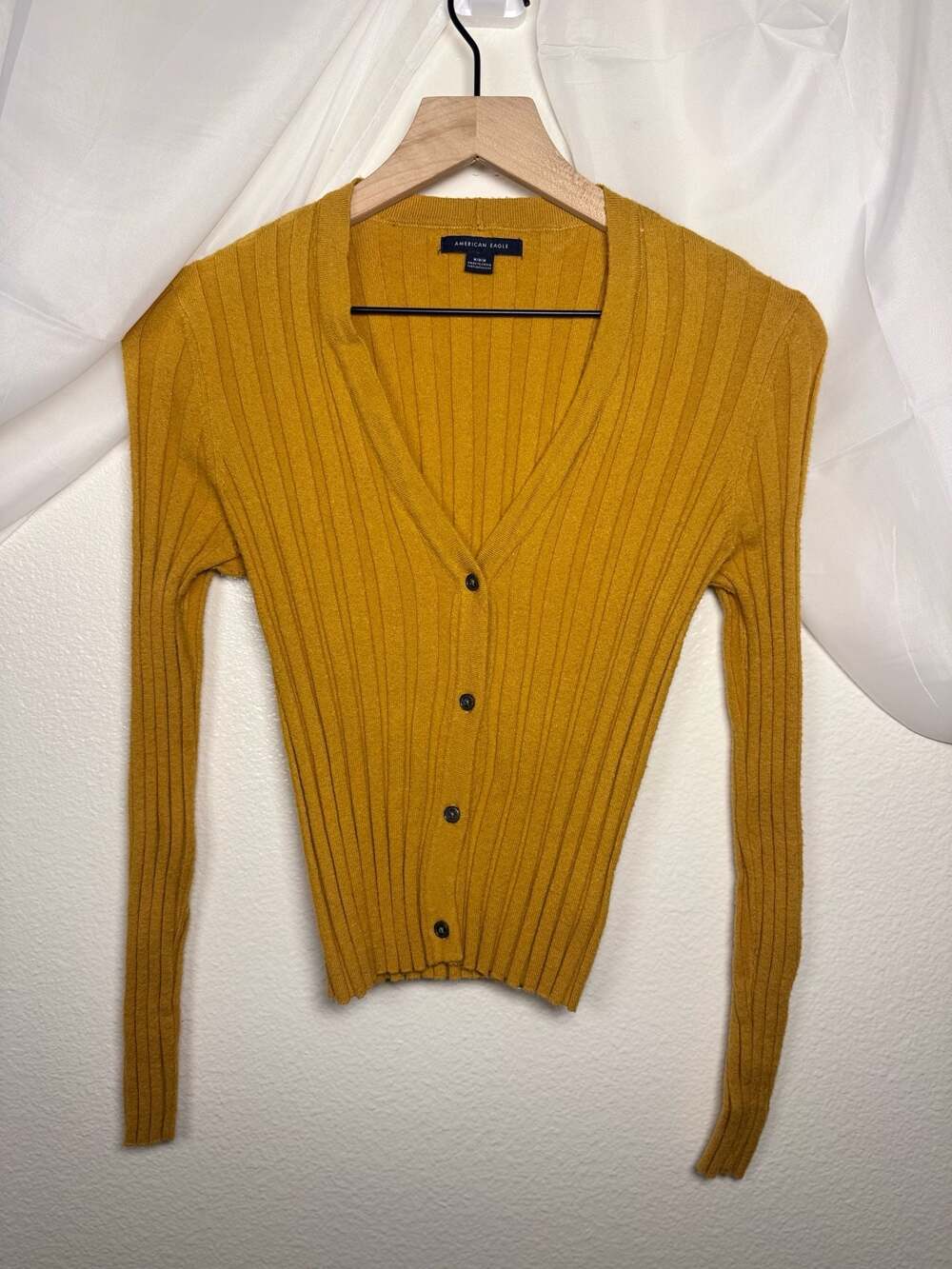 Y2K American Eagle Mustard Yellow Ribbed V-Neck Button-Up Cardigan